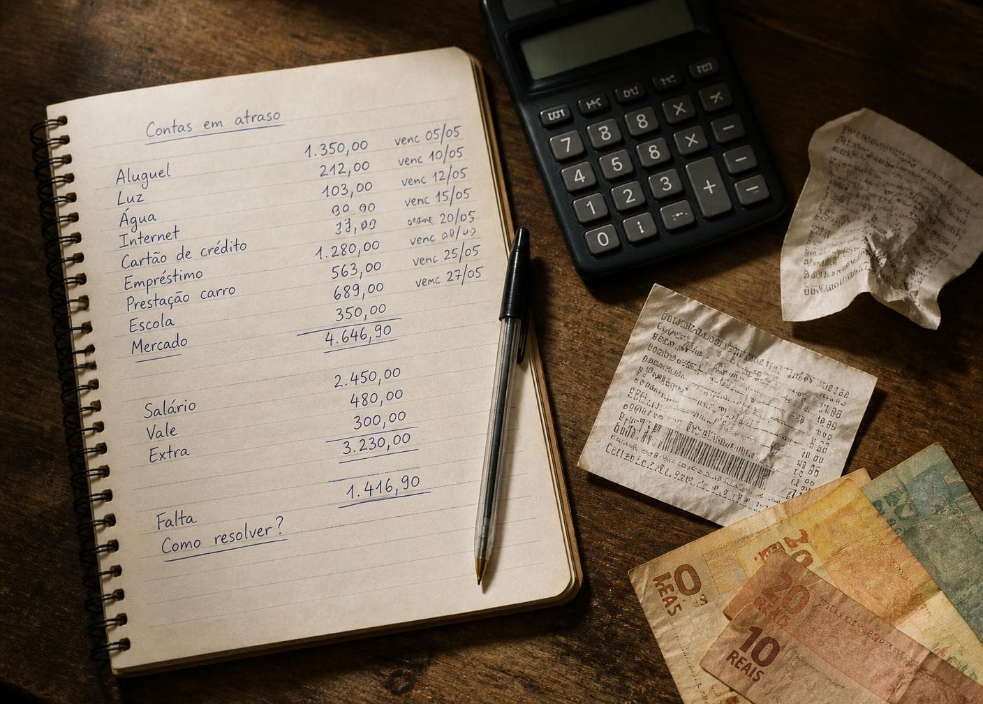 Caderno de anotações aberto ao lado de uma calculadora sobre o balcão
