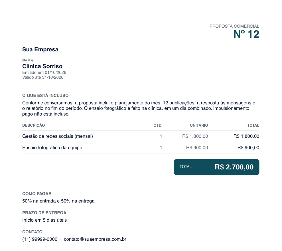 Modelo de proposta comercial com texto do que está incluso antes dos itens, total, forma de pagamento e prazo